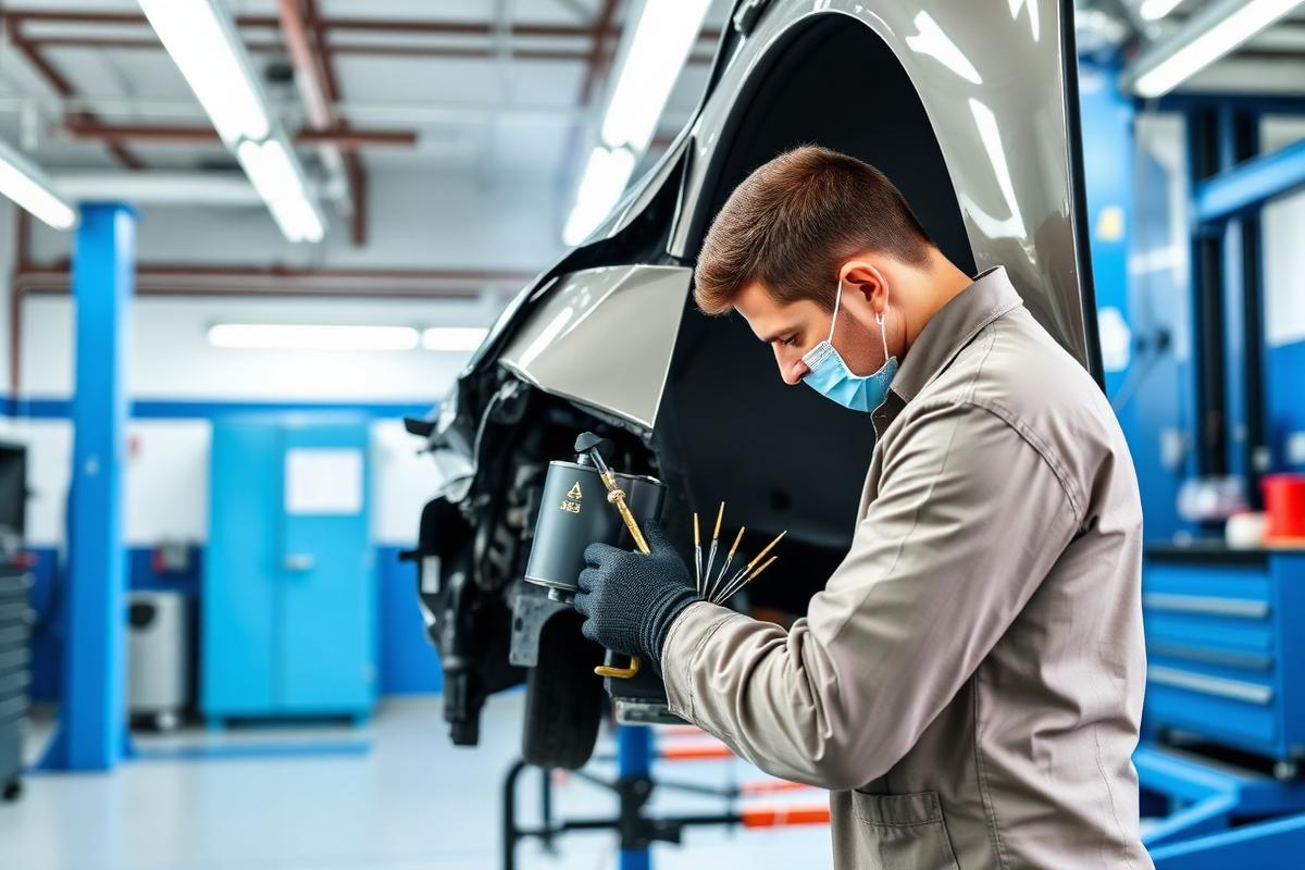 Technician repairing a vehicle after a collision