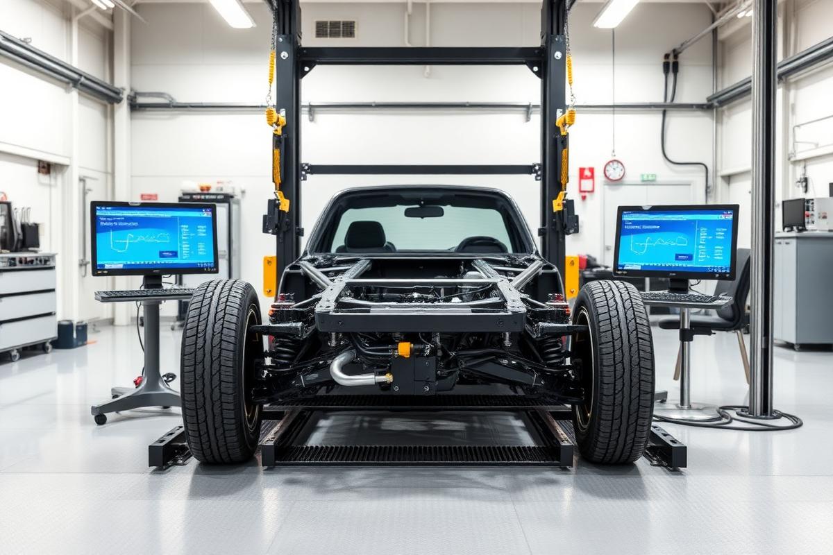 Frame straightening machine aligning a vehicle chassis