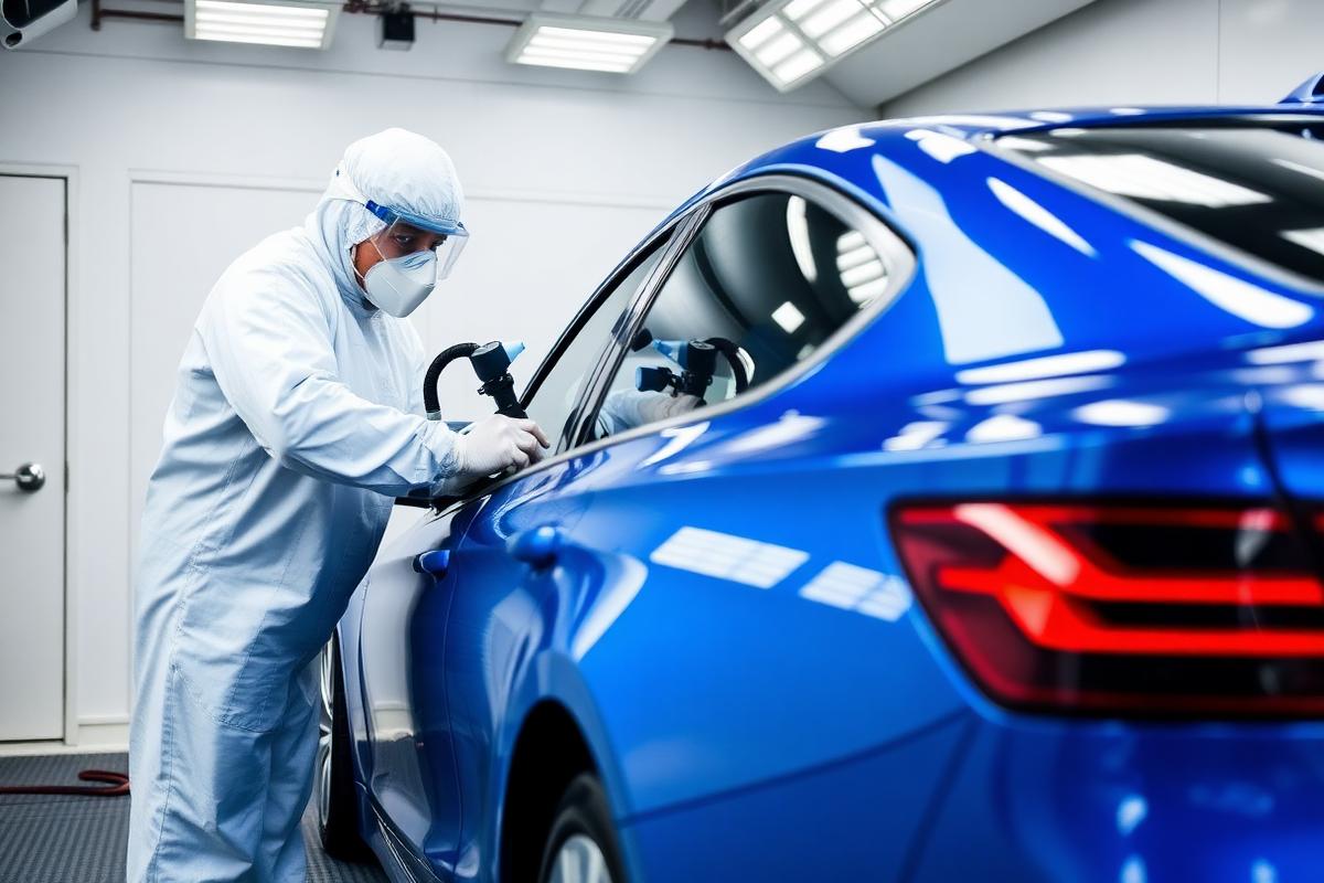 Professional automotive paint spray booth in action